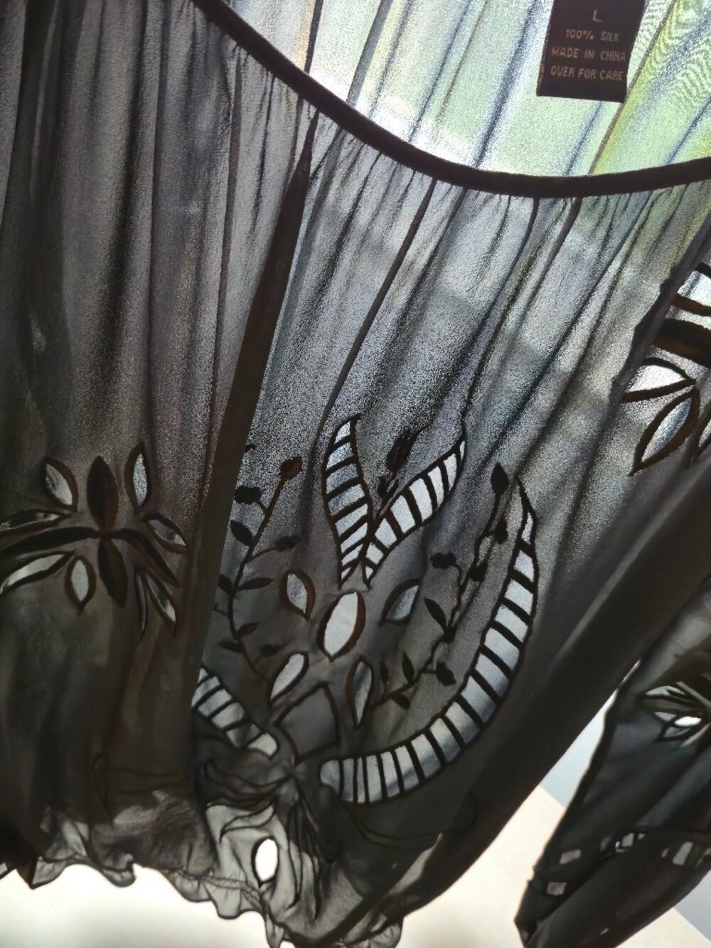 The Limited 100% Silk Black Embroidered Blouse Sheer with Cutouts size L Boho - Picture 16 of 16